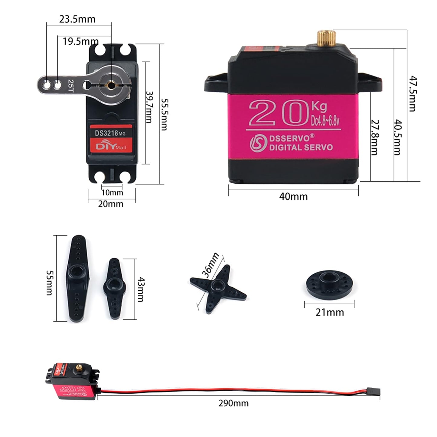 Wishiot 2Pcs 20Kg Ds3218 Servo 270 Degree High Torque Waterproof Servo Full Metal Gear With 25T Servo Horn Dc4.8-6.8V For Baja R