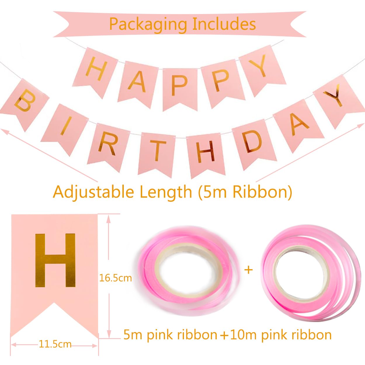 Happy Birthday Banner, Pink Birthday Decoration, 16 Pcs 12 Inch Happy Birthday Balloons With 2 Ribbons For Girl And Women Birthd