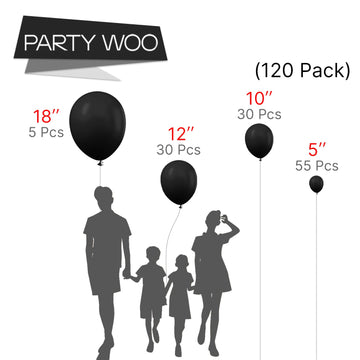 Partywoo Black Balloons, 120 Pcs Matte Black Balloons Different Sizes Pack Of 18 Inch 12 Inch 10 Inch 5 Inch For Black Balloon Garland Or Arch As Birthday Decorations, Party Decorations, Black-Y18