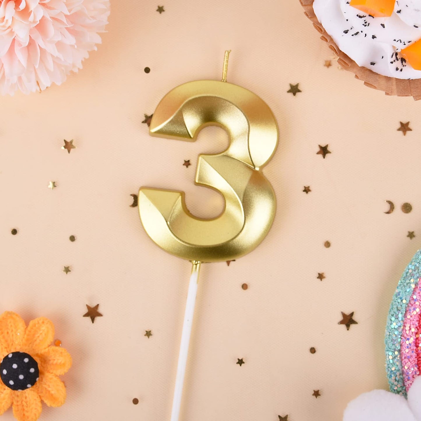 PHD CAKE 2.76 Inch Diamond Gold 3 Number Birthday Candles, Gold Number Candles, Cake Number Candles, Party Celebration
