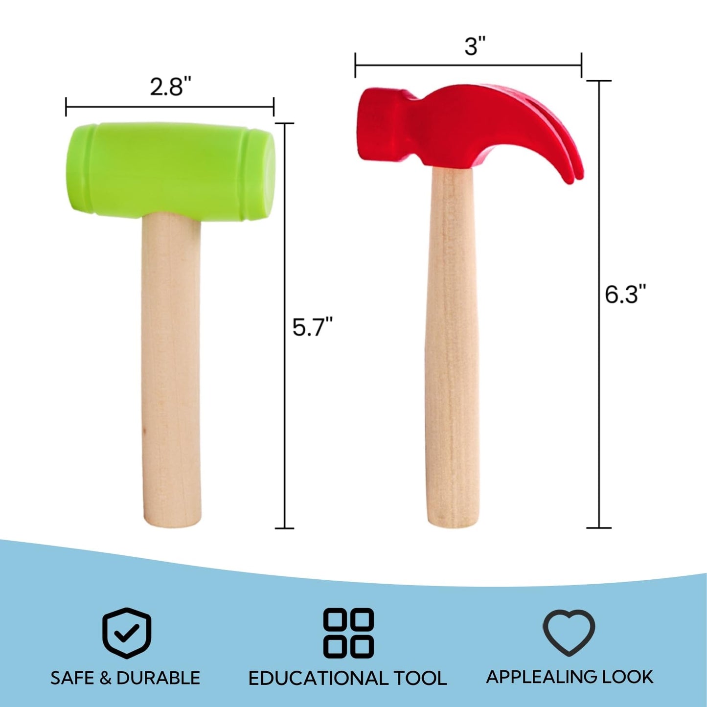 Nagpew Kids Hammer Toy Set - 10 Pack Wooden Simulation Tools, 6.3" Red & 5.7" Green, Educational Pretend Play for Boys & Girls