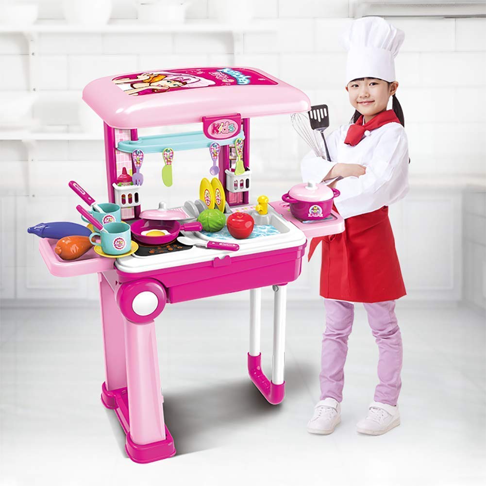 2-in-1Travel Luggage Turn into Play Kitchen, Kids Kitchen Playset Toys with 25+Play Food for Toddelers, Girls and Boys, Pretend