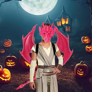 Kids Dinosaur Costume Dress Up Wings Dragon Tail Mask Set Halloween For Children Birthday Party Favors Gifts (Pink)