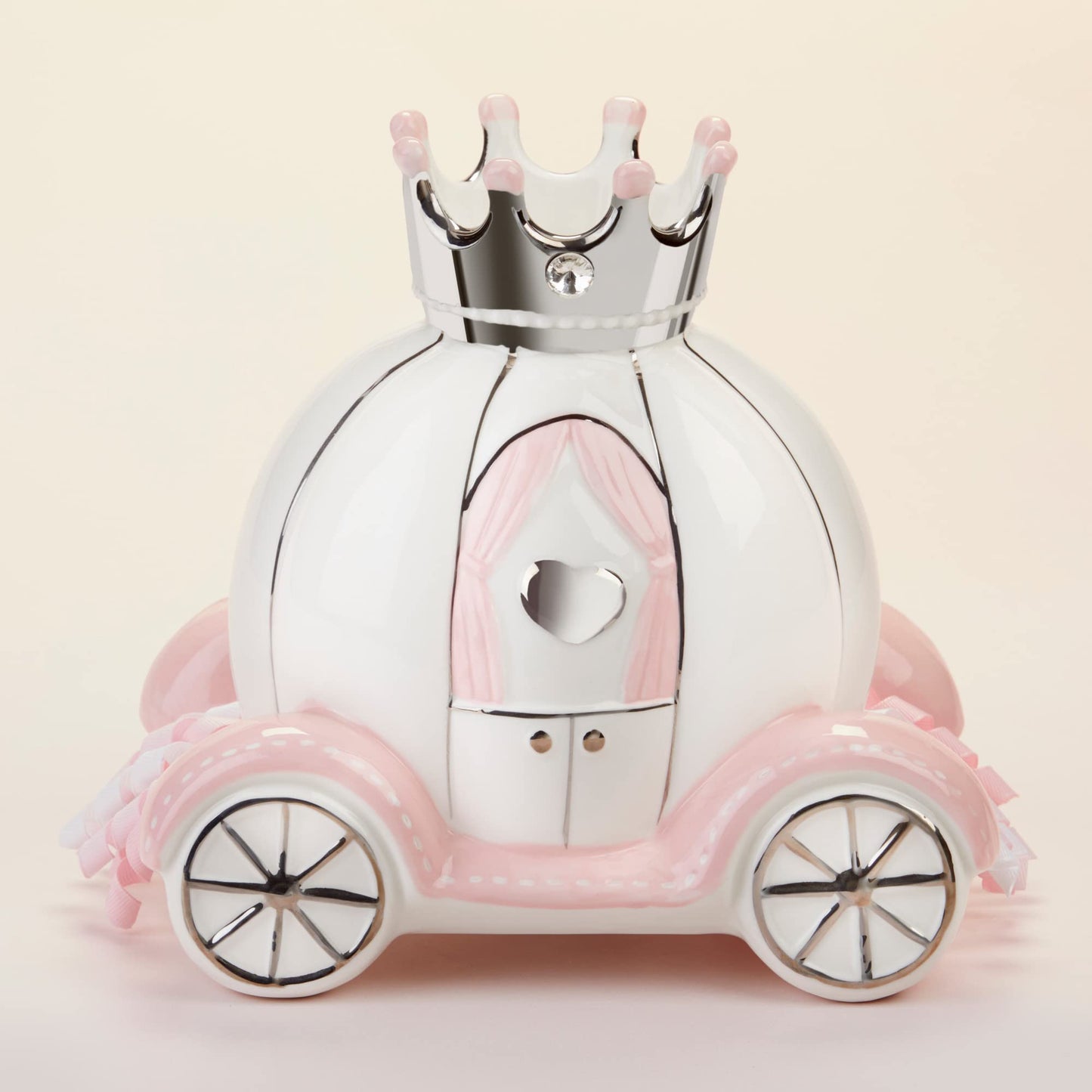 Baby Aspen Ceramic Porcelain Princess Carriage Piggy Bank, For A Baby Shower Or Baby Girl Room Decor, Pink/Silver/White