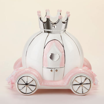Baby Aspen Ceramic Porcelain Princess Carriage Piggy Bank, For A Baby Shower Or Baby Girl Room Decor, Pink/Silver/White