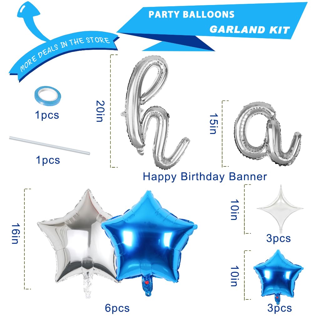 Happy Birthday Banner Script Silver Letter Sign With 12 Pcs Blue Silver Star Foil Mylar Balloon For Birthday Party Decoration