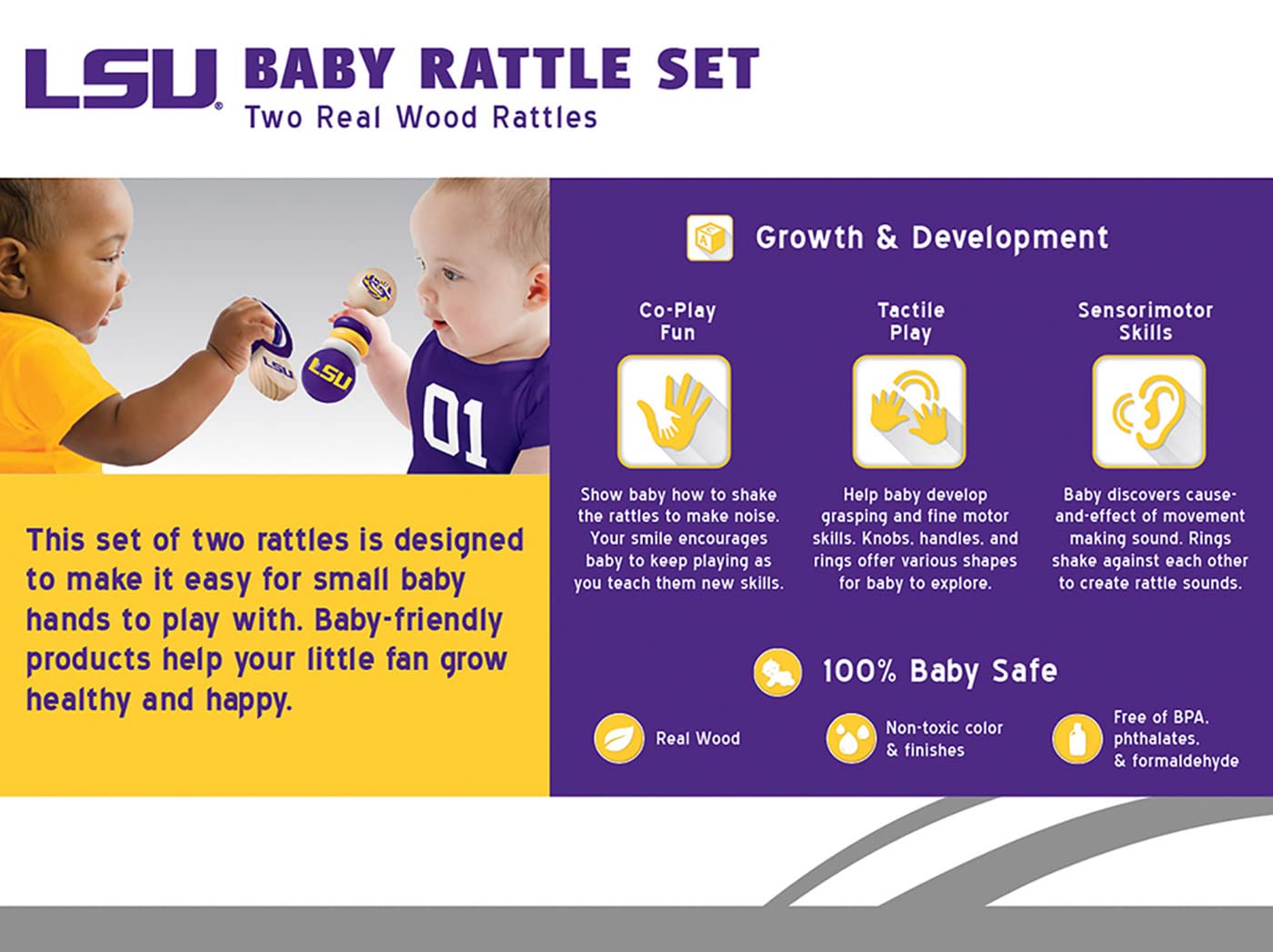 Babyfanatic Wood Rattle 2 Pack - Ncaa Lsu Tigers - Officially Licensed Baby Toy Set