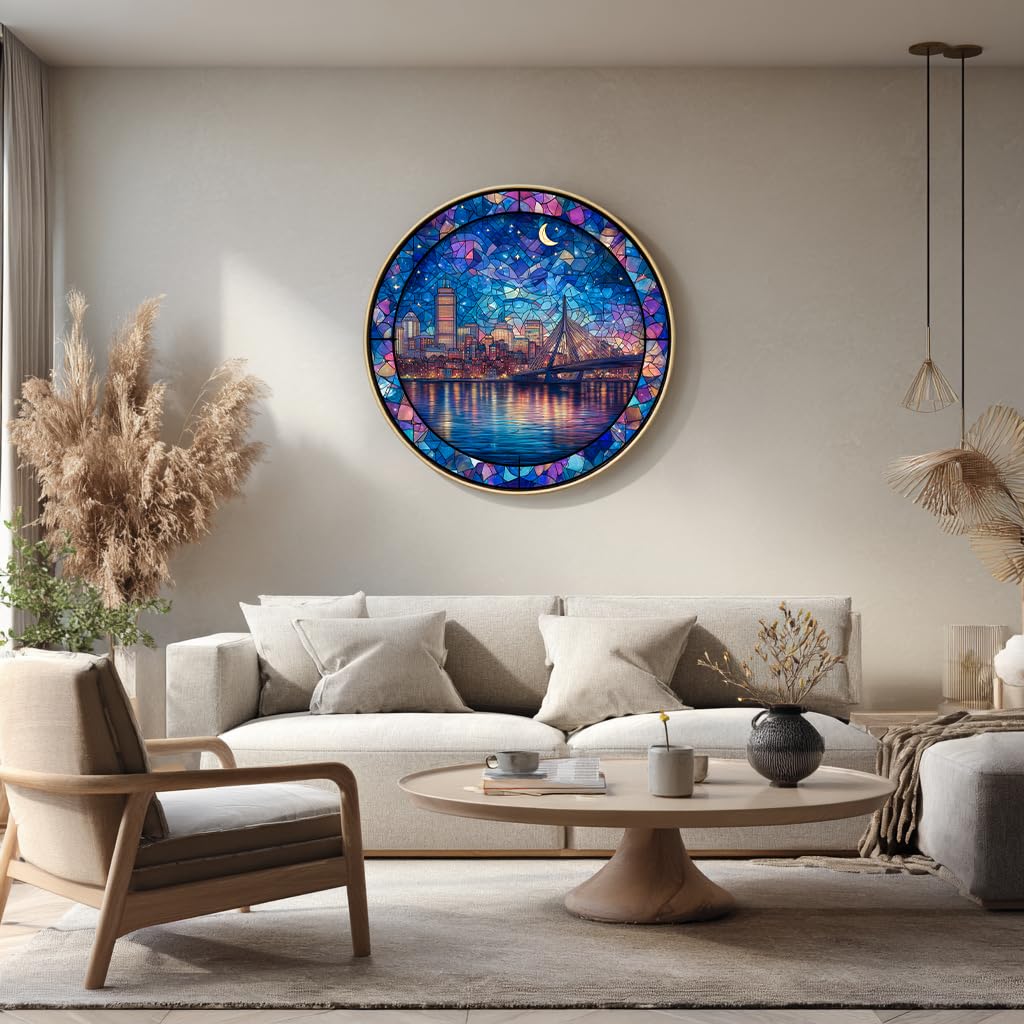 Bgraamiens 1000 Piece Jigsaw Puzzles for mature-themeds - Stained Glass Boston Skyline - Moonlit City View with Bridge and Reflections - Artistic Nighttime Challenge Gift