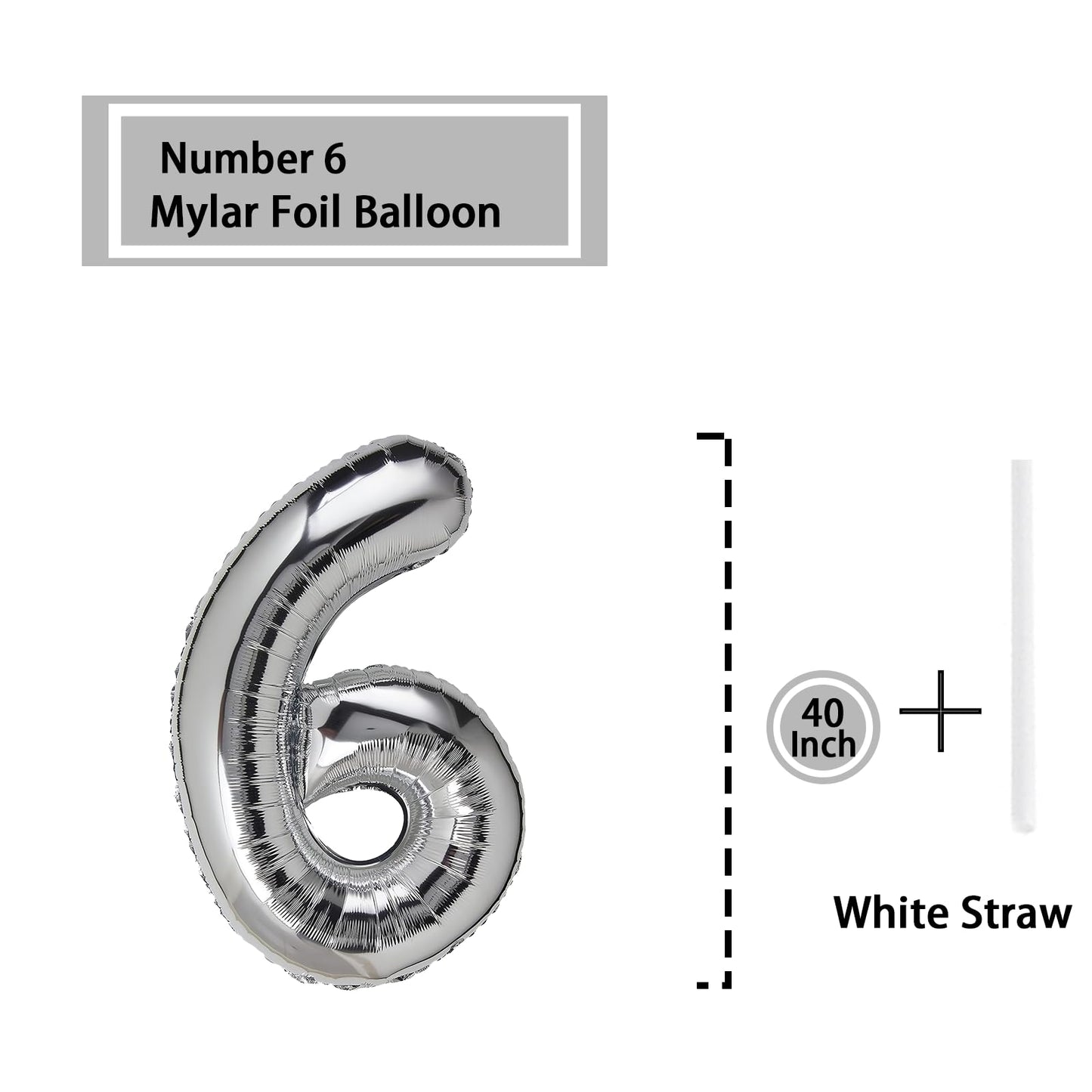 DTDO 40" Silver 6 Number Balloon - Big Foil Mylar for 6th Birthday Party Decorations, Aluminum, Perfect for Boys & Girls