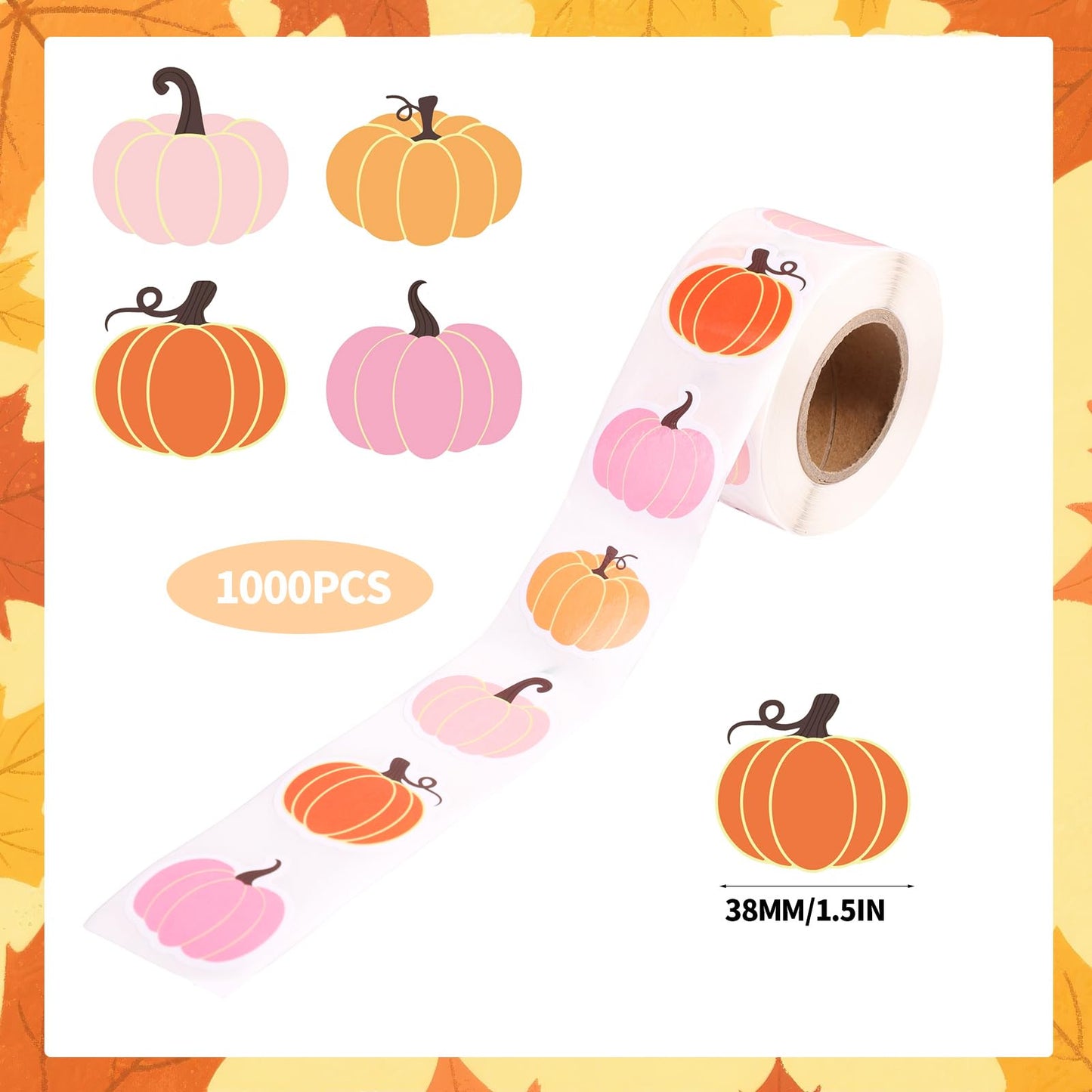 2 Roll 1000pcs Halloween Pumpkin Stickers, 4 Styles Self Adhesive Fall Pumpkin Stickers Halloween Decals Roll Envelope Scrapbook