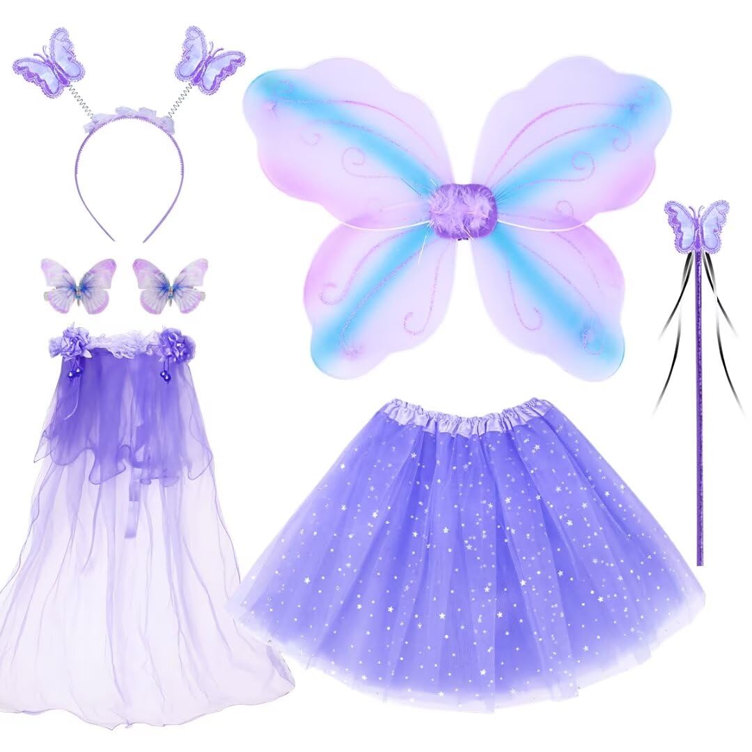 Wildparty Girl Fairy Costume Set With Butterfly Wings, Tutu, Butterfly Hair Clips, Magic Wand, Headband And Veil Costume Set For 3-8 Years Girl Dress Up And Birthday Party Ballet Dance (Purple)
