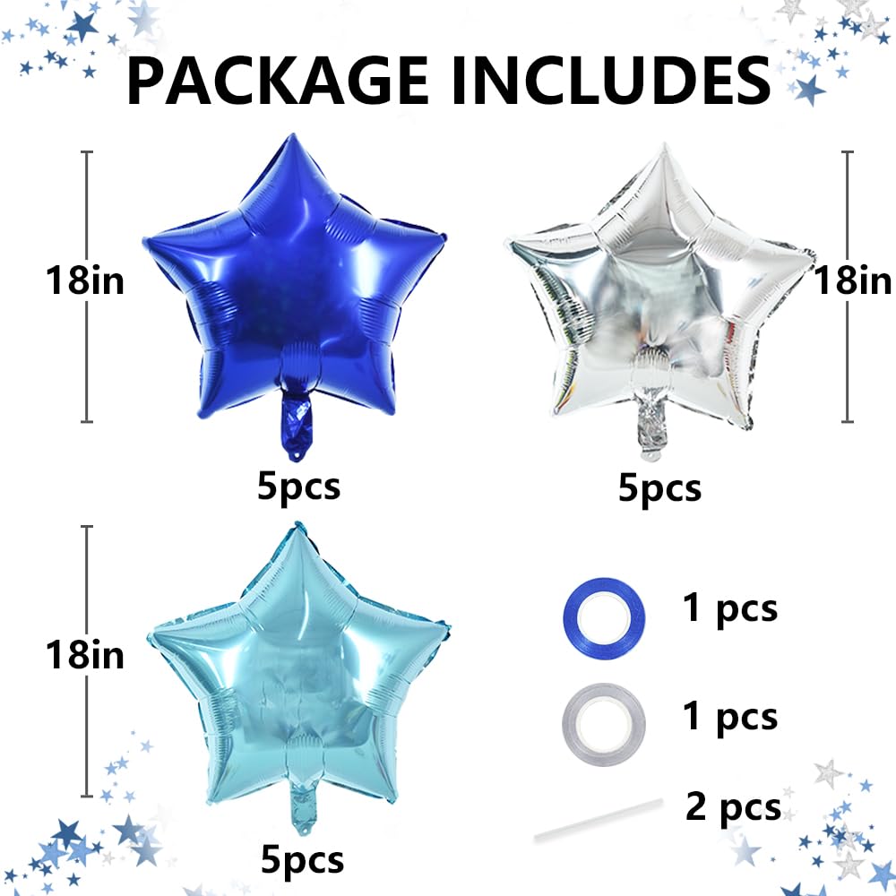 TONIFUL 15Pcs 18 Inch Large Blue Silver Star Shape Foil Balloons Big Stars Helium Mylar Ballons for Birthday Wedding Baby Shower