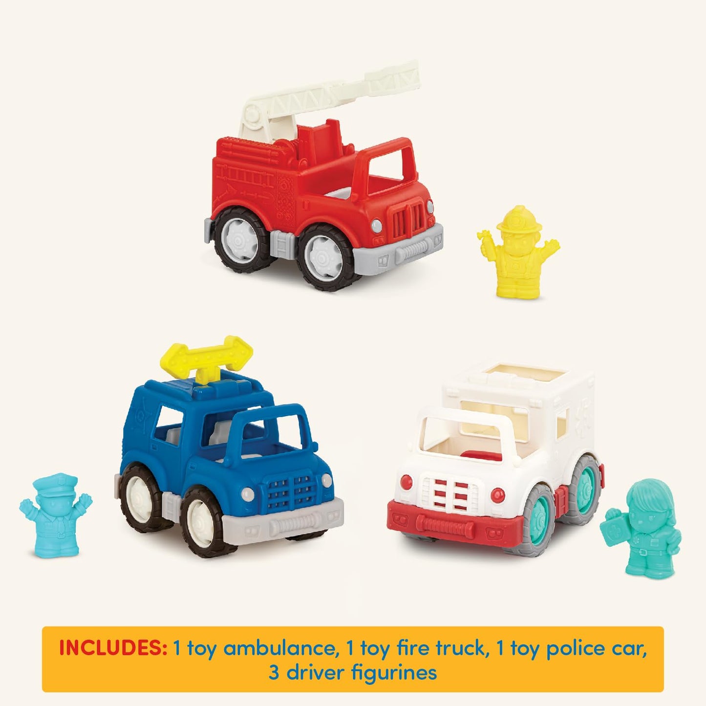 Battat - Wonder Wheels - Toy Emergency Vehicles - Ambulance, Police Car, Fire Truck - Rescue Set for Kids - Movable Parts - 1 Ye