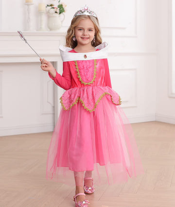 Itvti Girls Princess Dress Up Halloween Party Costume With Crown Wand Earrings Ring, Pink, 6-7 Years (Label 140)