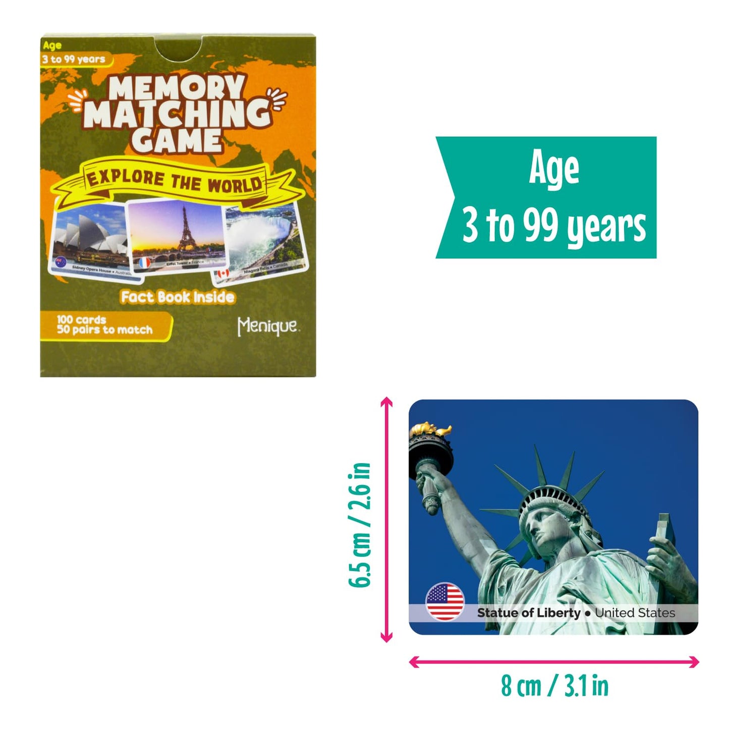 Menique Memory Matching Game - 100 Cards (50 Pairs) - Educational Geography with Famous Landmarks - Multicolour - Small - Cardboard