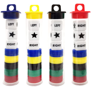 Ahoper Left Right Center Dice Game Prime Set Bundle With 3 Dices + 30 Chips - 4 Sets Assorted Colors. Round Tube Storage Is Very Convenient For Travel. Easy To Store, Carry Around. (4 Pack)