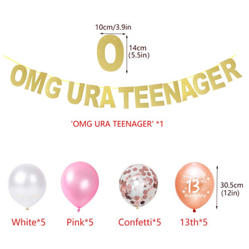 Rose Gold Omg Ur A Teenager Happy 13Th Birthday Banner Garland 13 Birthday Foil Balloons Teenager Confetti Balloons For Teen Gir