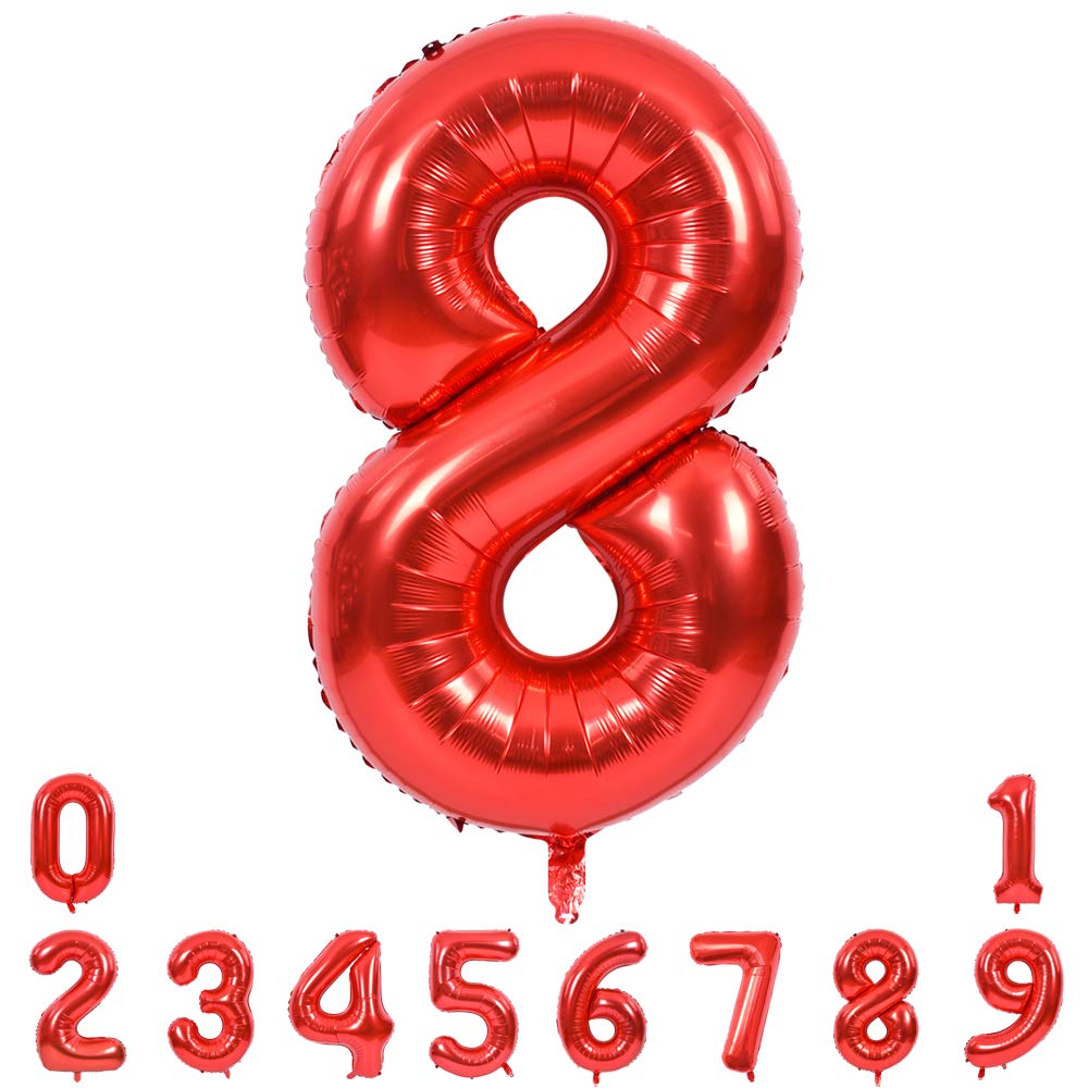 Toniful 40 Inch Red Large Numbers Balloons 0-9, Number 8 Digital 8 Helium Balloons, Foil Mylar Big Number Balloons For Birthday