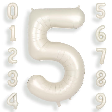 Suwen 40 Inch Cream White Large 5 Number Balloons Big Foil Helium Number Balloons 0-9 Jumbo Happy 5Th Mylar Birthday Party Decor