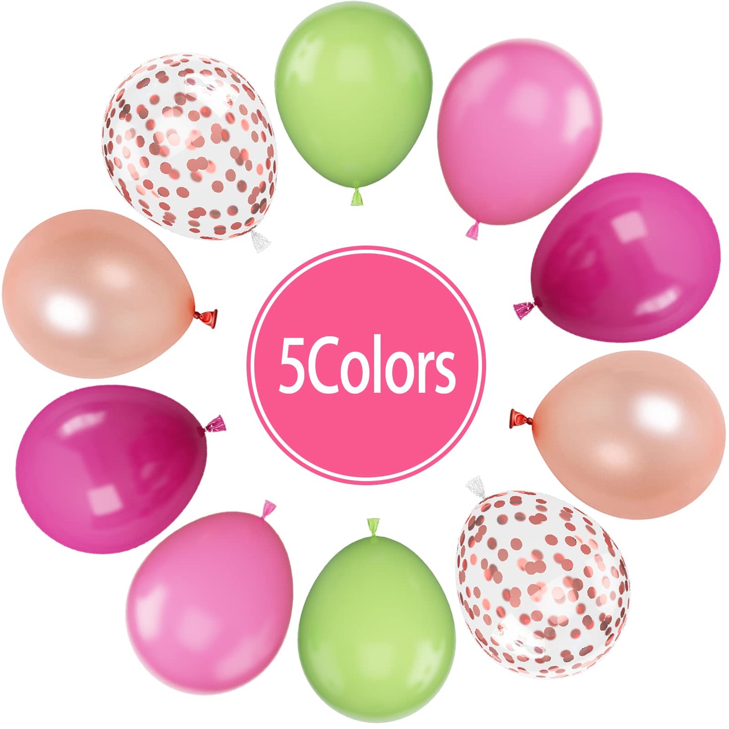Paready Tropical Party Green Pink Balloons, 60 Pcs 12 Inch Green Hot Pink Rose Gold Confetti Balloons For Hawaiian Luau Theme Pa
