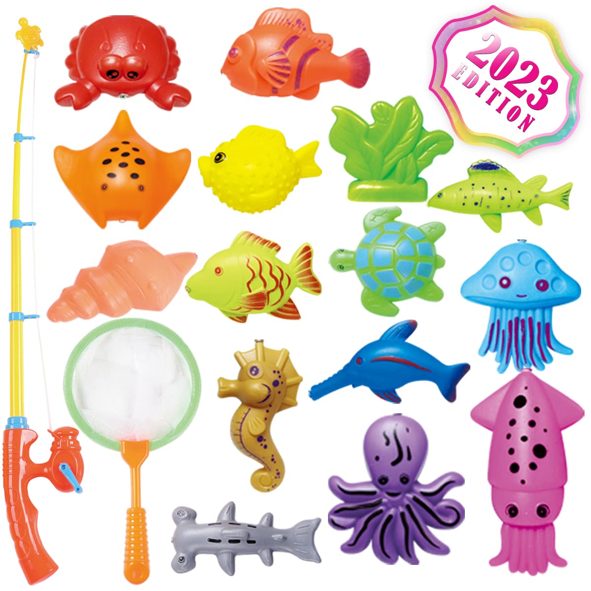 Cozybomb™ Kids Fishing Bath Toys Game | Magnetic Floating Toy Magnet Pole Rod Net, Plastic Floating Fish Toddler Pool Education Teaching And Learning Colors Birthday Age 3 4 5 6 Year