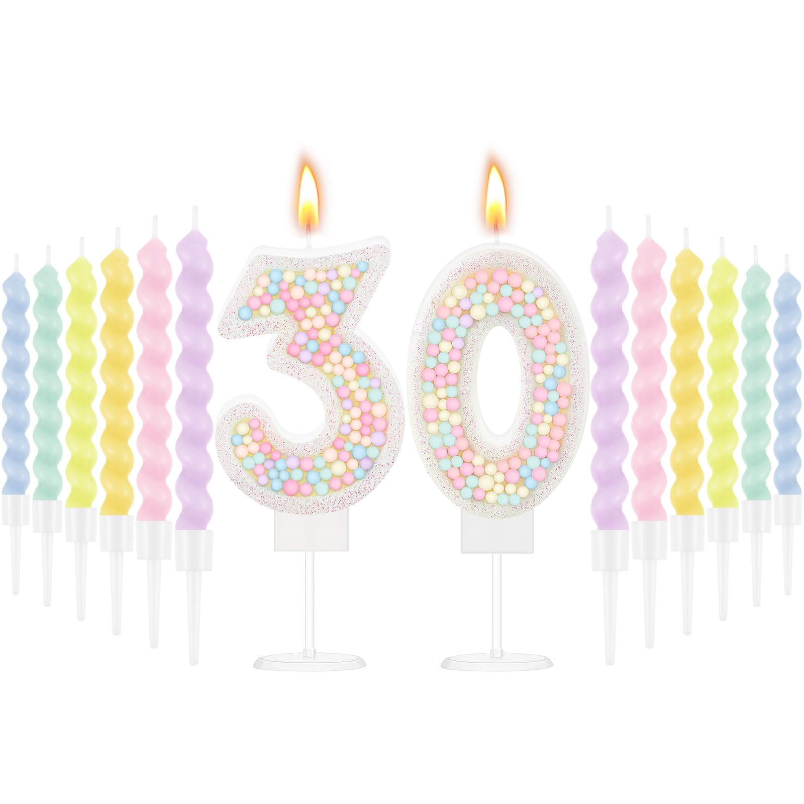 MTLEE Number 30 Birthday Candle with 12 Pcs Spiral Candles for Girls Macaron Pastel Rainbow Unicorn Pink Cake Topper for Sweet T