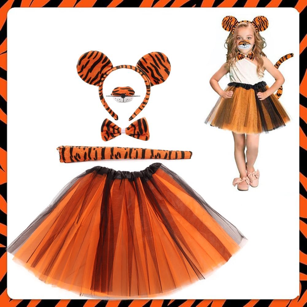 Luxtacular Tiger Costume Set Tiger Accessories Ears Headband Nose Bow Tie Tail Tutu For Women Men Cosplay Birthday Halloween Chr