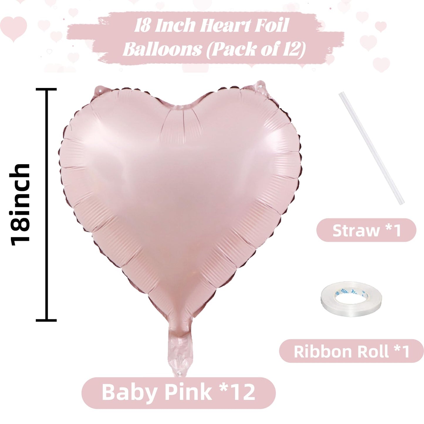 Baby Pink Heart Balloons, 18 Inch Pink Heart Balloons, 12Pcs Large Pearl Pink Heart Shape Mylar Balloons, Pastel Pink Helium Foi