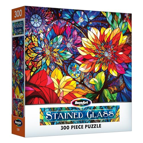 RoseArt Stained Glass Flowers 300-Piece Jigsaw Puzzle for Adults - Multi Color, Cardboard, Model 1209ZZD