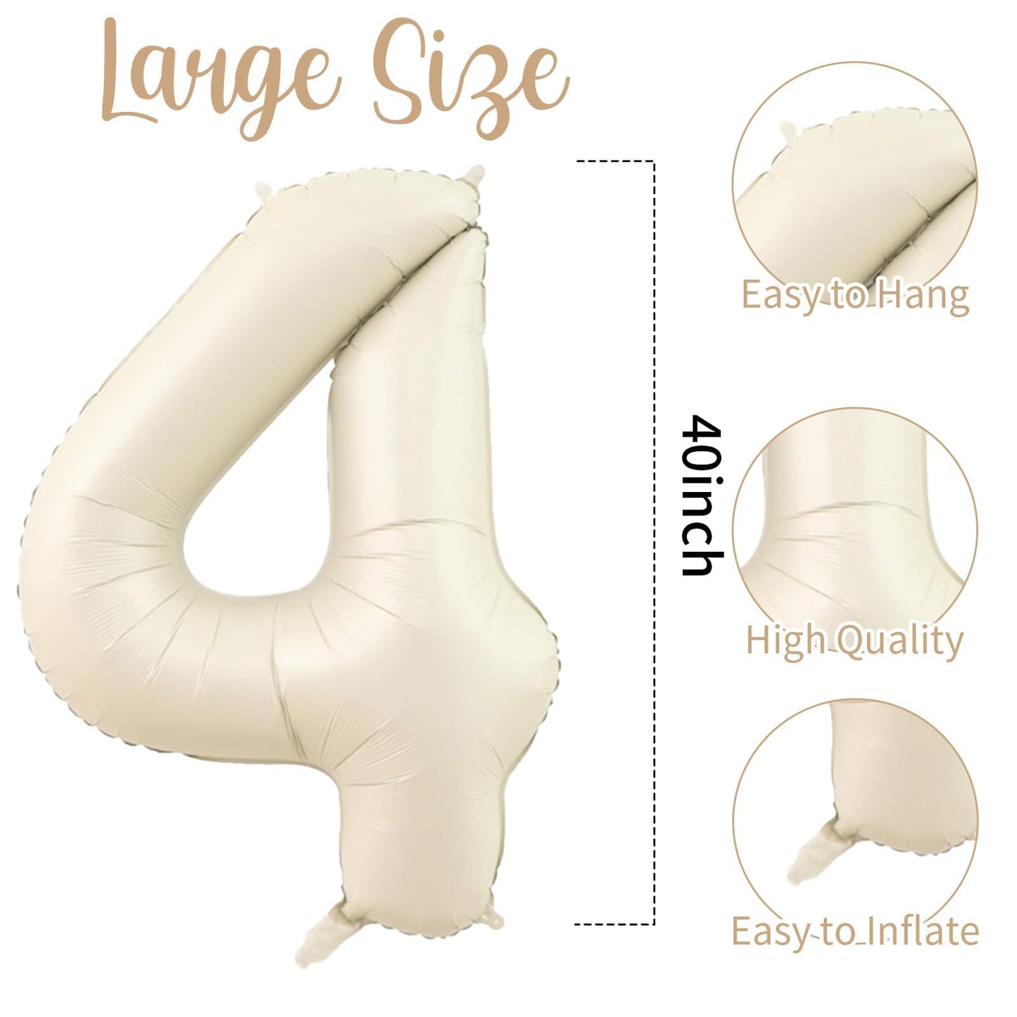 40 Inch Cream White 4 Balloon Numbers, Large Number 4 Balloon Foil Helium Number Balloons, Big 4 Mylar Birthday Balloons for Boy