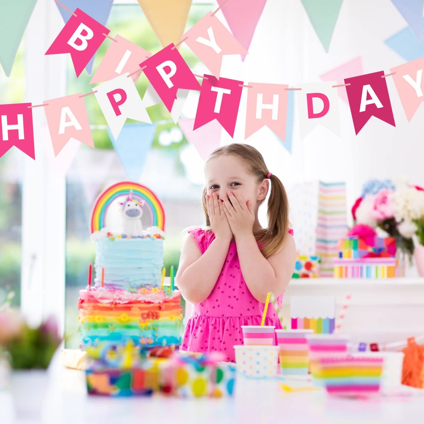 Waenerec Pink Happy Birthday Banner Sign Happy Birthday Bunting Banner Garland For Kids Girls Baby 1St Birthday Tea Party Decorations Bunting Flag Birthday Party Supplies
