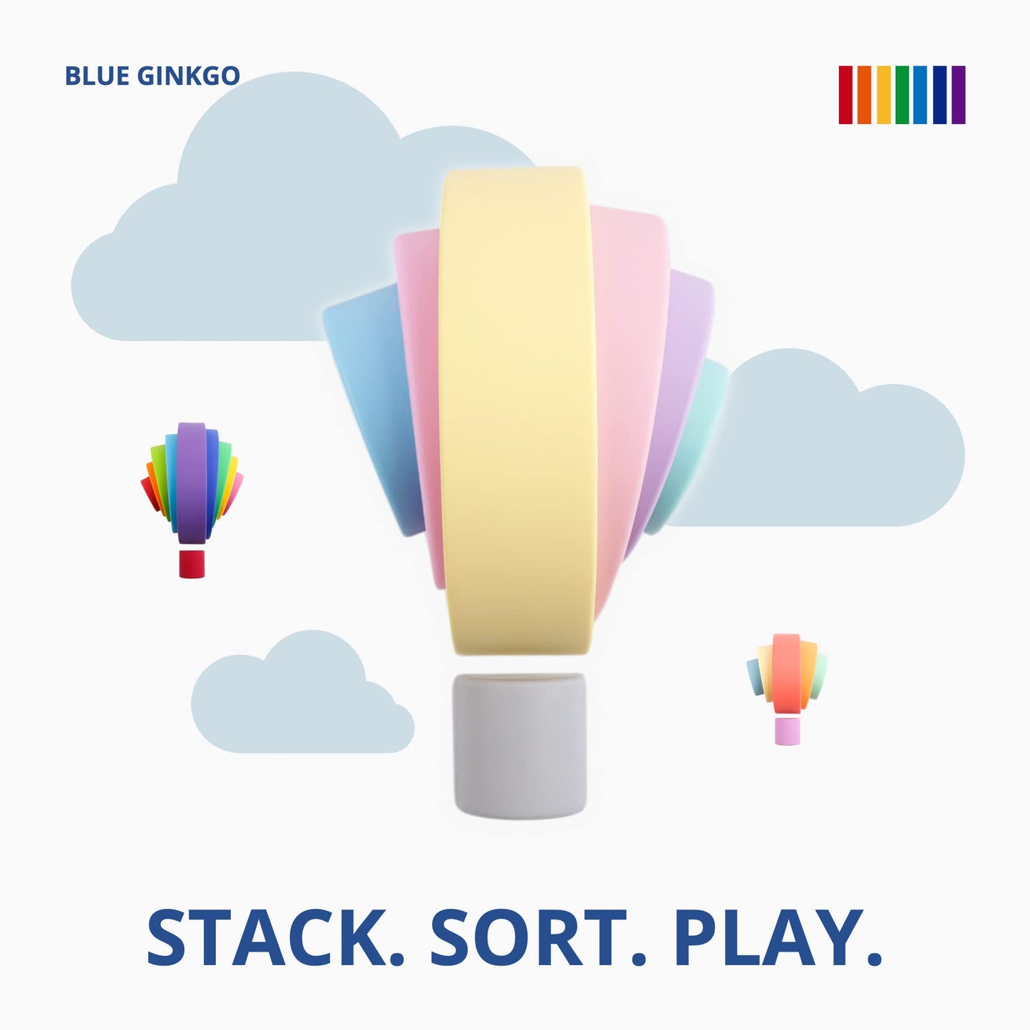 BLUE GINKGO Silicone Rainbow Stacker - Montessori Nesting Puzzle | Kids and Toddler | Stacking Sensory Toys - 7 Layers (Pastel)