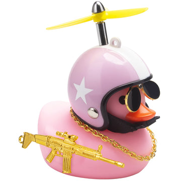 Wonuu Rubber Duck Car Ornaments Set - Pink Dashboard Decorations With Propeller Helmet, Sunglasses, and Gold Chain (W-Pink Hat W