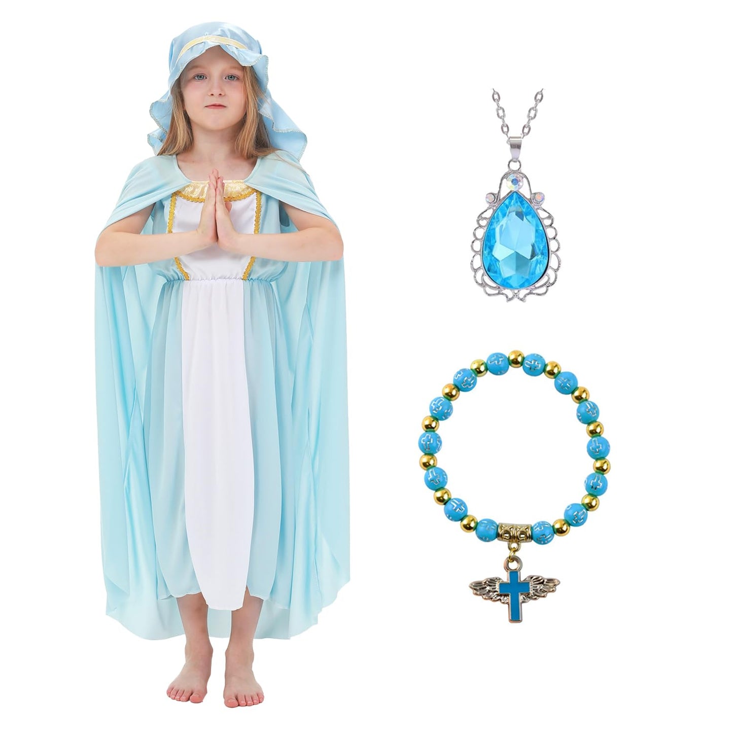 Aroacle Girls Virgin Mary Costume Saint Mary Biblical Outfit Religious Nativity Dress For Kids With Cape And Headpiece (9-10Y)