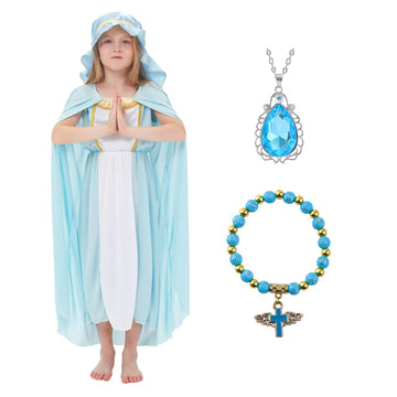 Aroacle Girls Virgin Mary Costume Saint Mary Biblical Outfit Religious Nativity Dress For Kids With Cape And Headpiece (9-10Y)