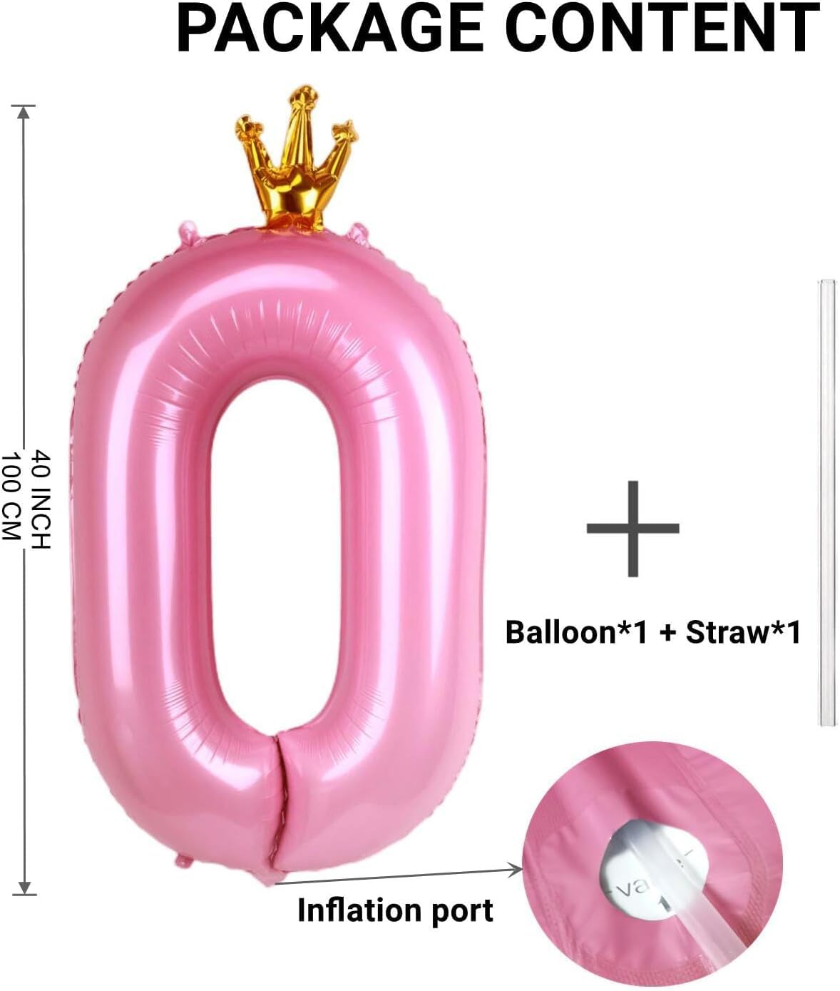 40 Inch Crown Pink Number 0 Balloon, Big Conjoined Baby Pink Foil Mylar Helium Digit 0 Balloon For Girl Birthday Party Decoratio