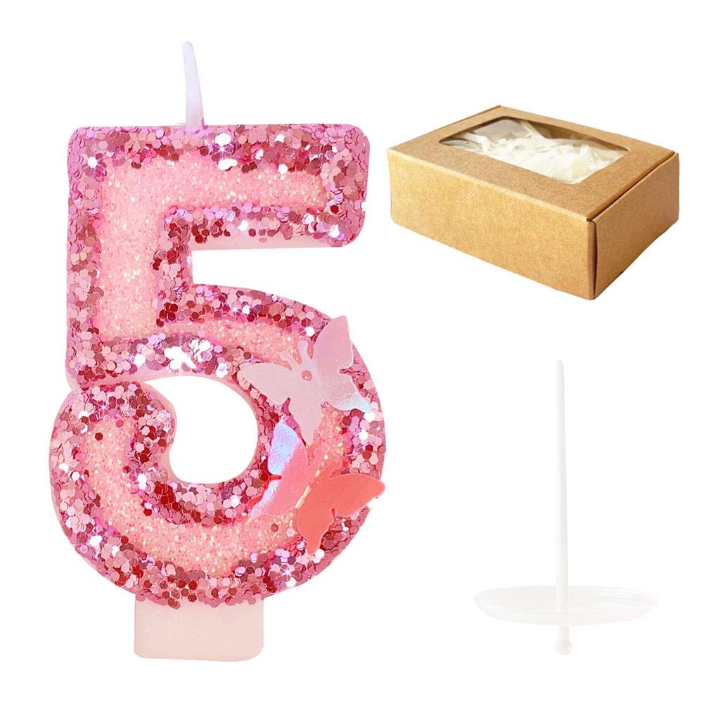 Birthday Candles Number 5,Pink Glitter Happy Birthday Cake Candles Handmade Sequin Numeral Candle
