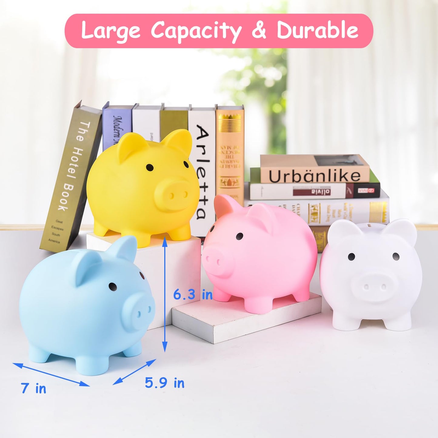 PJDRLLC Large Piggy Bank - Unbreakable Plastic Coin Bank for Boys & Girls, Blue, Model FD-61, Ideal Gift for Birthday, Easter, Christmas