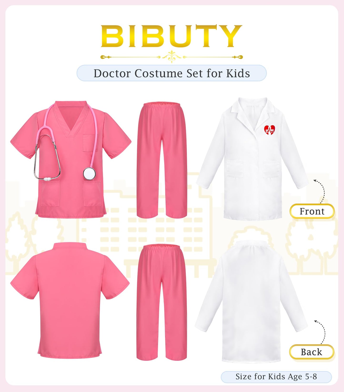 BIBUTY Doctor Costume for Girls Doctor Scrubs Costume for Kids with Lab Coat, Carry Bag, Stethoscope, Doctor Dress Up for Hallow