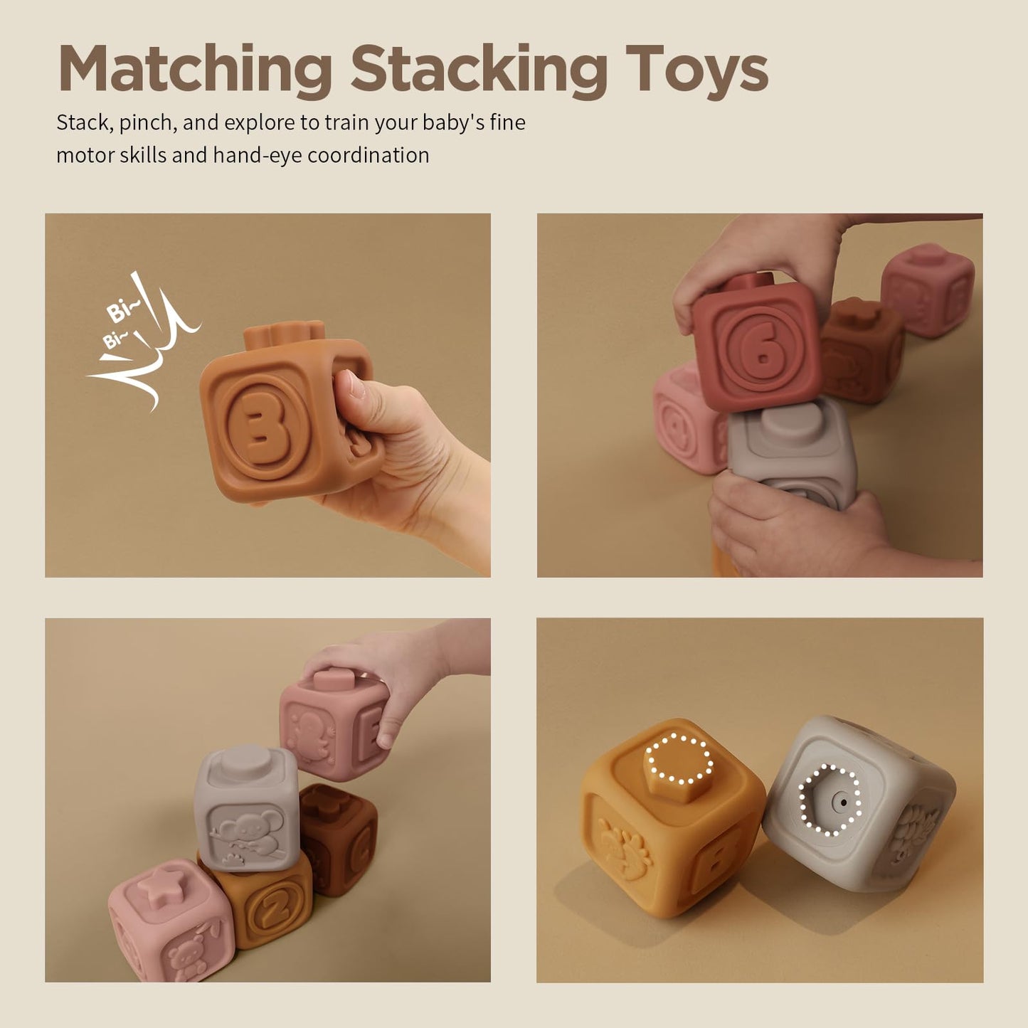 Nueplay 7 Pcs Soft Building Blocks, Montessori Sensory Stacking Squeeze Toys With Horse Figure, Early Educational Toy For 6 12 18 Months Baby Toddler Boys Girls