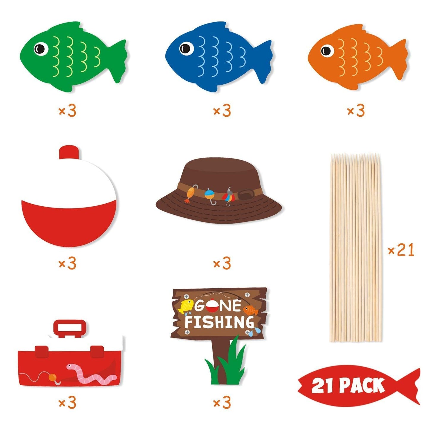 21 Pack Gone Fishing Theme Little Fisherman The Big One Party Centerpiece Sticks Bobber Table Toppers Kids Fishes Reel Fun Birth