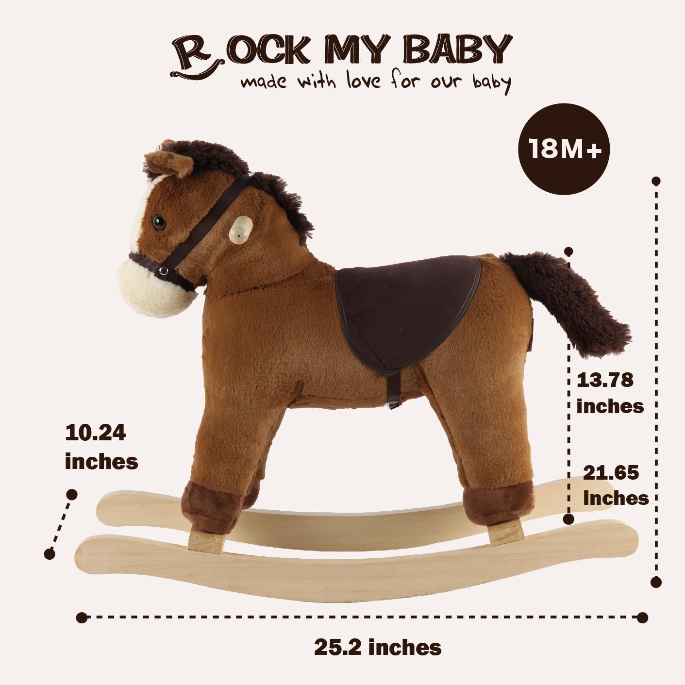 ROCK MY BABY Rocking Horse Toy, Plush Dark Brown, Large Size, Realistic Sound, CPC Certified for Toddlers 18M+