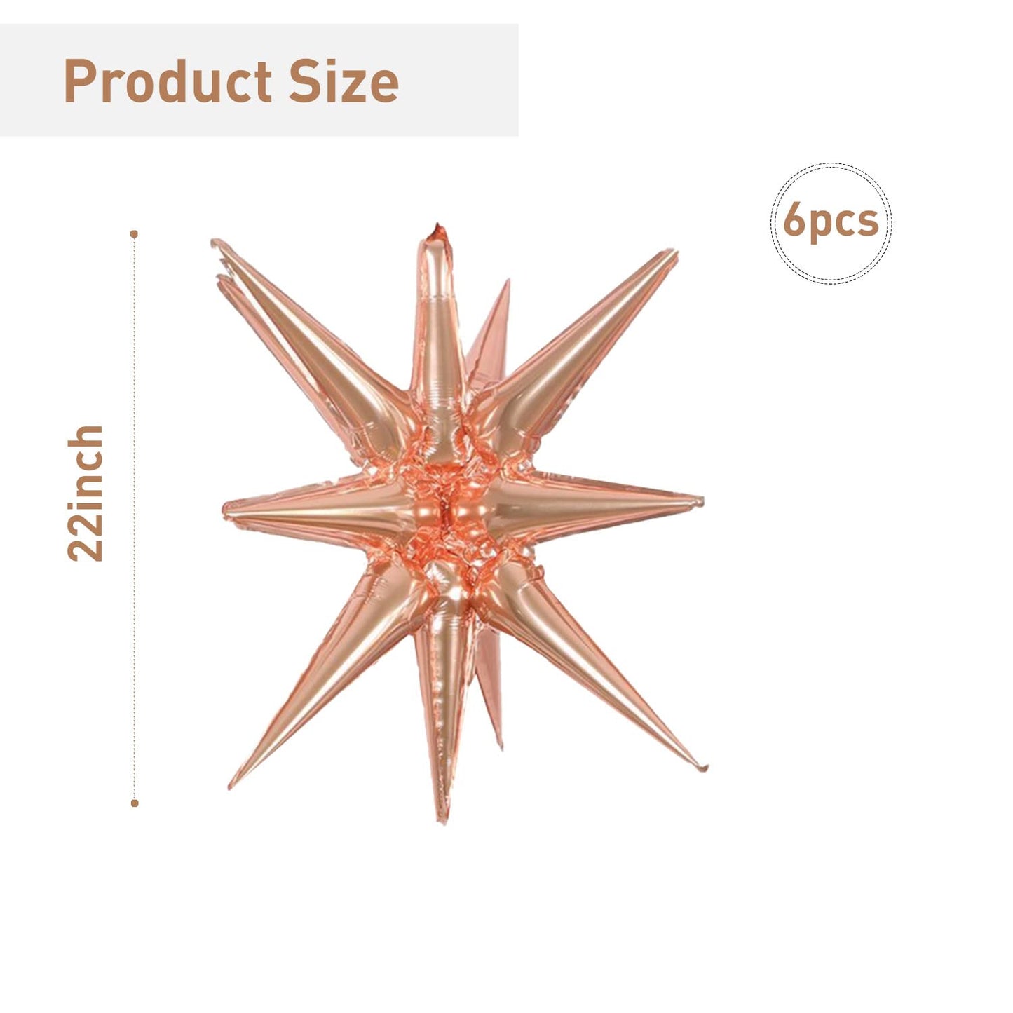 6 Pcs Rose Gold Star Foil Balloons One-Piece 14-Pointed Star Balloons 4D Starburst Cone Mylar Balloons 22Inch Christmas Birthday