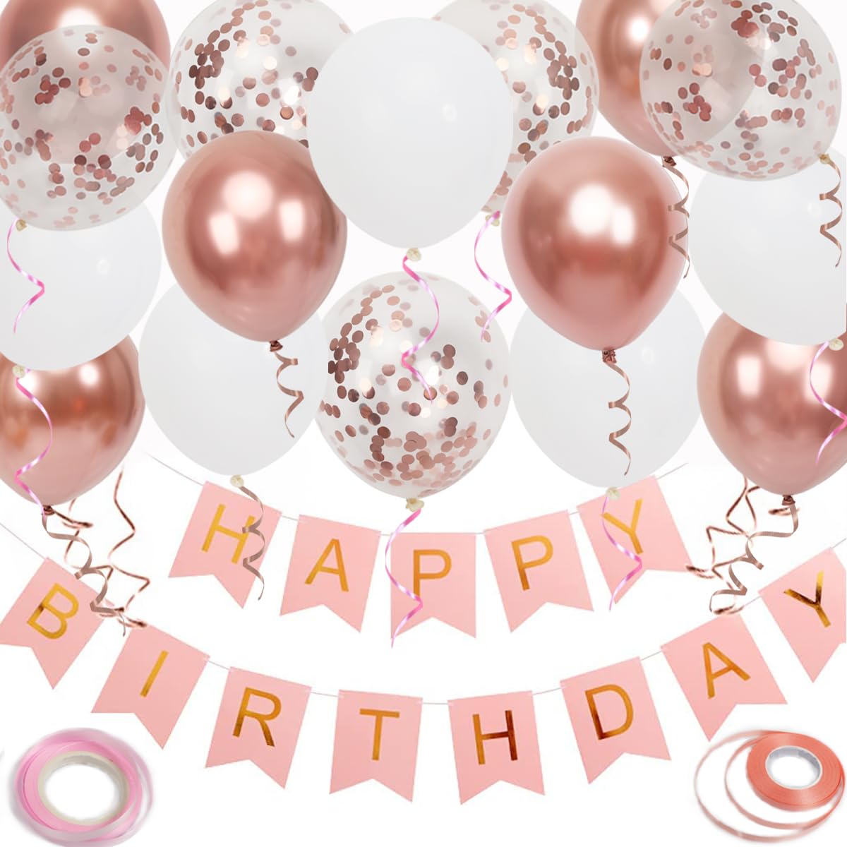 Happy Birthday Banner, Rose Gold Birthday Decoration, 16 Pcs 12 Inch Happy Birthday Balloons With 2 Ribbons For Girl And Women B