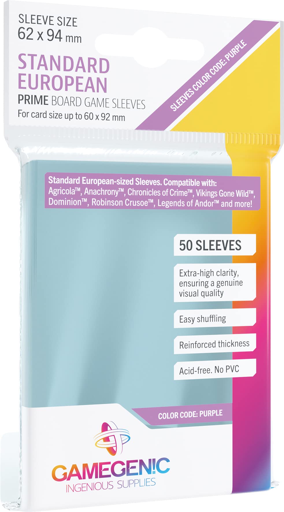 Prime Board Game Sleeves | Pack of 50 Extra-Clear Sleeves | 62 by 94 mm Card Sleeves Optimized for Standard European Card Games | enhanced Card Protection | FFG Purple Color Code | Made by Gamegenic
