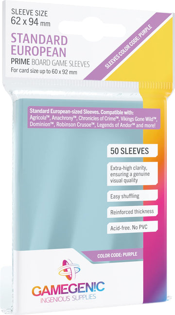 Prime Board Game Sleeves | Pack of 50 Extra-Clear Sleeves | 62 by 94 mm Card Sleeves Optimized for Standard European Card Games | enhanced Card Protection | FFG Purple Color Code | Made by Gamegenic
