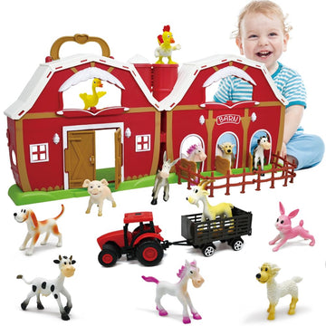 Bolzra Big Red Barn Farm Figures Animals Toys For Toddlers, Cute Farm Figurines, Fence And Farmer Vehicle Toy Truck Pretend Farm Playset For 3+ Years Old Kids Girls Boys Educational Learning Toys