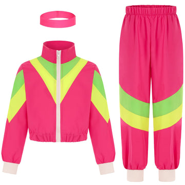 Sizgaroot 80S 90S Retro Windbreaker Set Girls Workout Costume Outfit Track Suit For Girls (Pink, 7-8 Years)