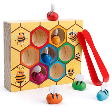 Coogam Toddler Fine Motor Skill Toy, Clamp Bee To Hive Matching Game, Montessori Wooden Color Sorting Puzzle, Early Learning Preschool Educational Gift Toy For 3 4 5 Years Old Kids