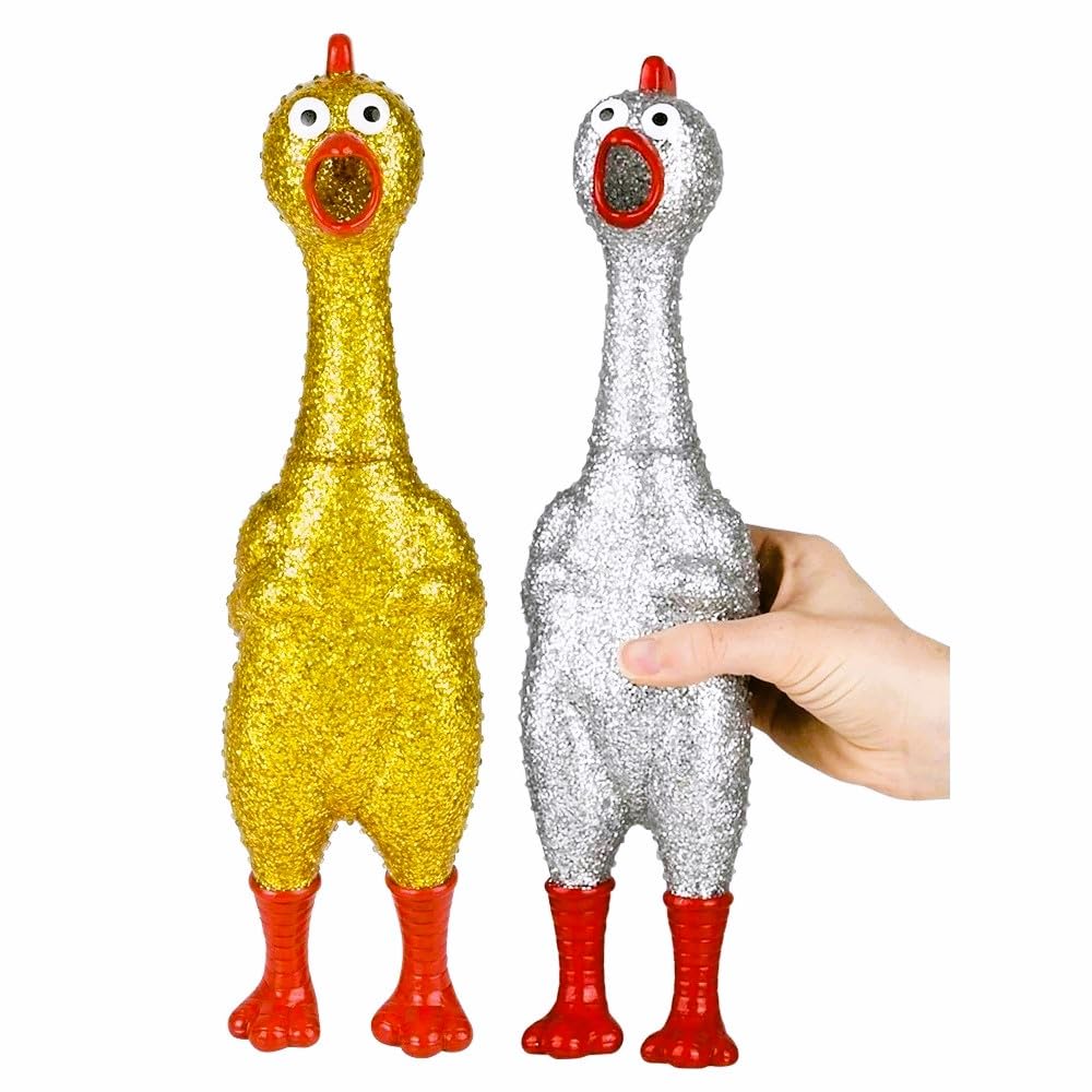 Zugar Land Large 13.5 Sparkle Glitter Rubber Squeeze Chicken with a Long Funny Squeaky Sound (Gold - Silver) Glitter Shiny Funny Gag Prank Chicken Prop (2 Pack - 1 Silver + 1 Gold)